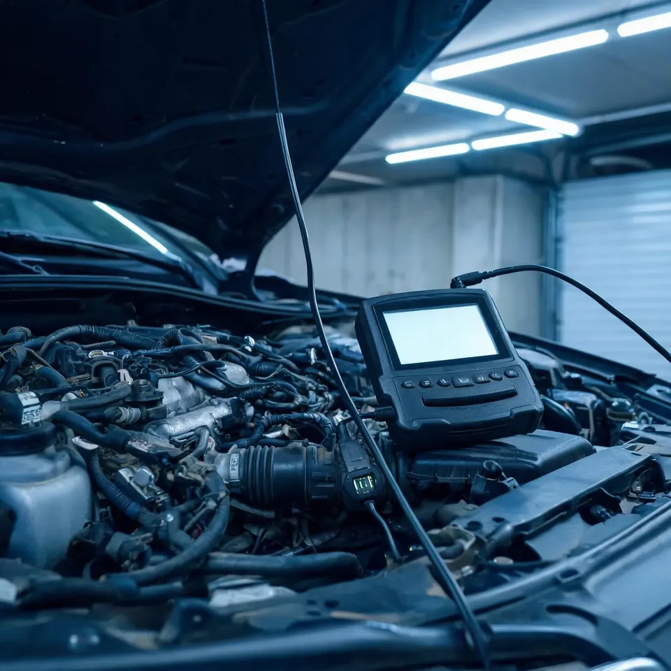 Diagnostic equipment beside a car engine