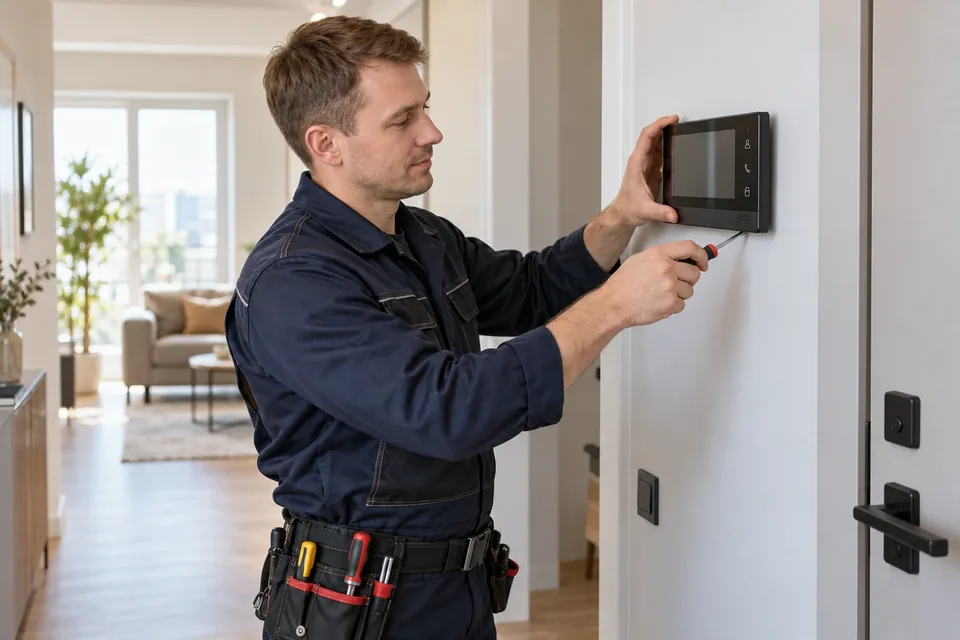 Technician installing an apartment video intercom