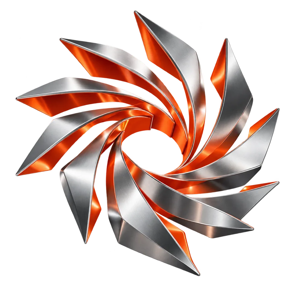 Sculptural metal vortex with orange inner surfaces